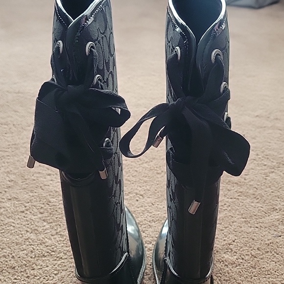 Coach Signature Collection Black Jacquard Back Lace Up Rain Boots - Picture 2 of 4